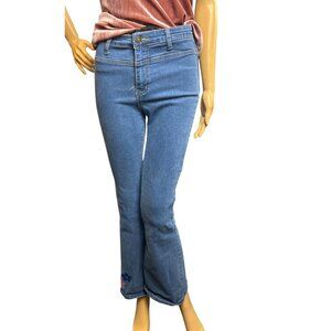 (6 for $25) Flower Power High Rise 70s Style Flare Jeans with Floral Embroidery
